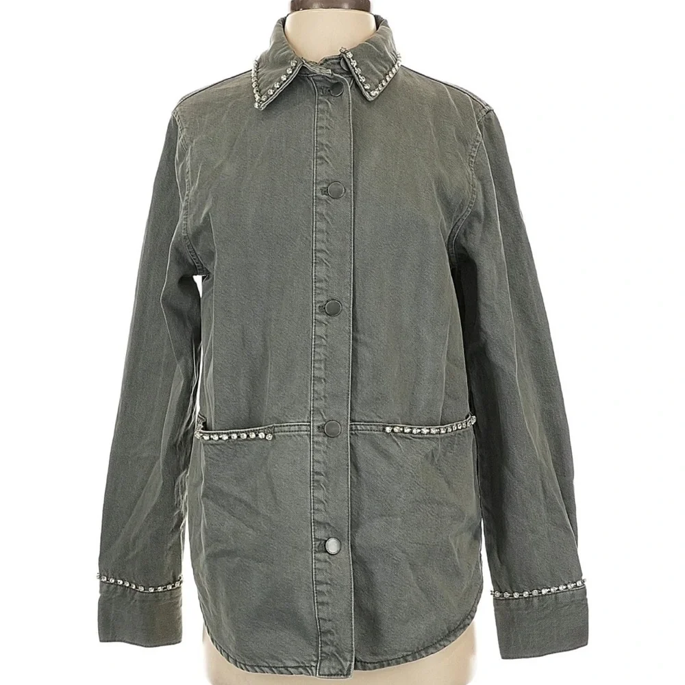 Zara Gray Denim Utility Jacket Studded Embellished Chore Jacket Crystal Detail - Picture 2 of 6
